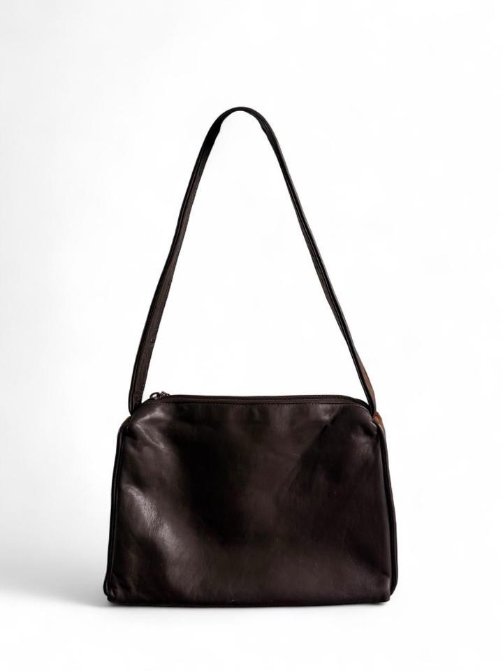 Donald J. Pliner Dark Brown Leather Shoulder Bag With Pink Cowhide Strap